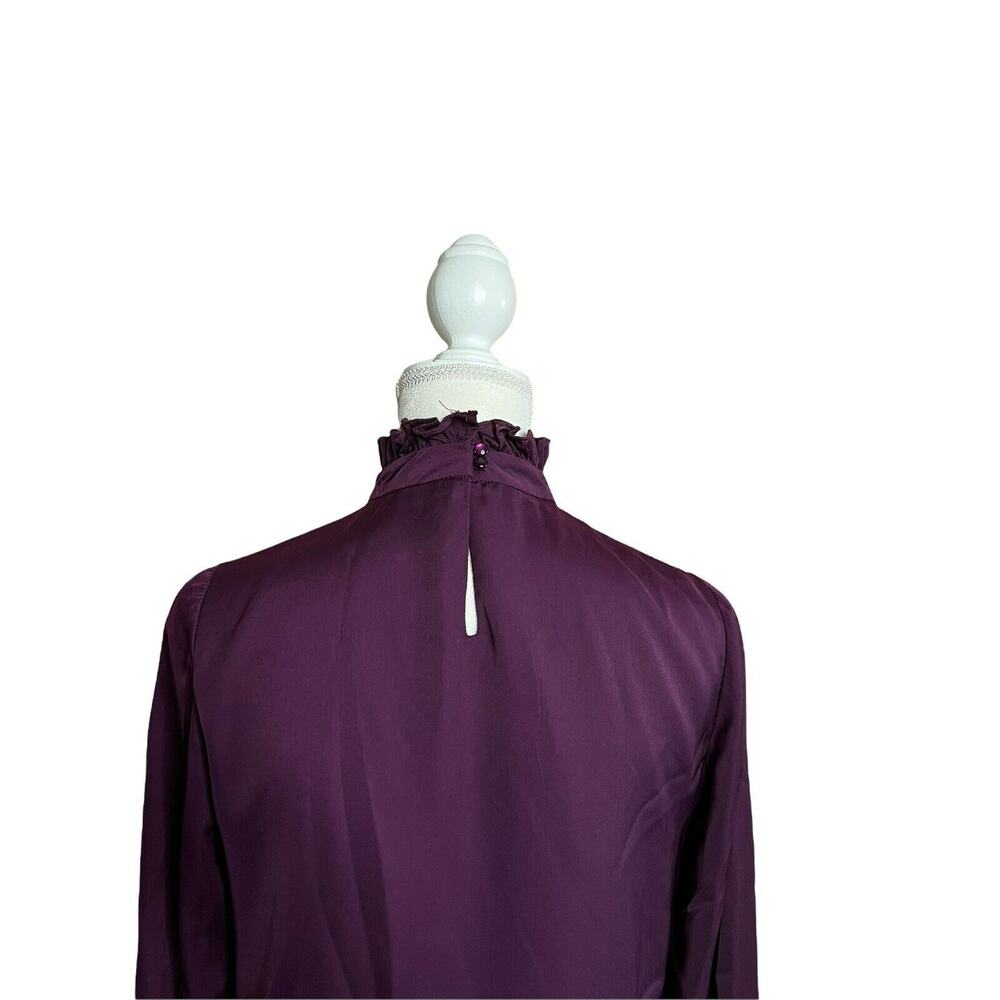 Nanette Lepore Solid Ruffled blouse Satin Smocked Deep V Purple Sz Small - Picture 4 of 9